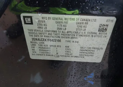 2015 Chevrolet Equinox 2Lt z USA, uszkodzony, nr VIN 2GNALCEK7F6422166